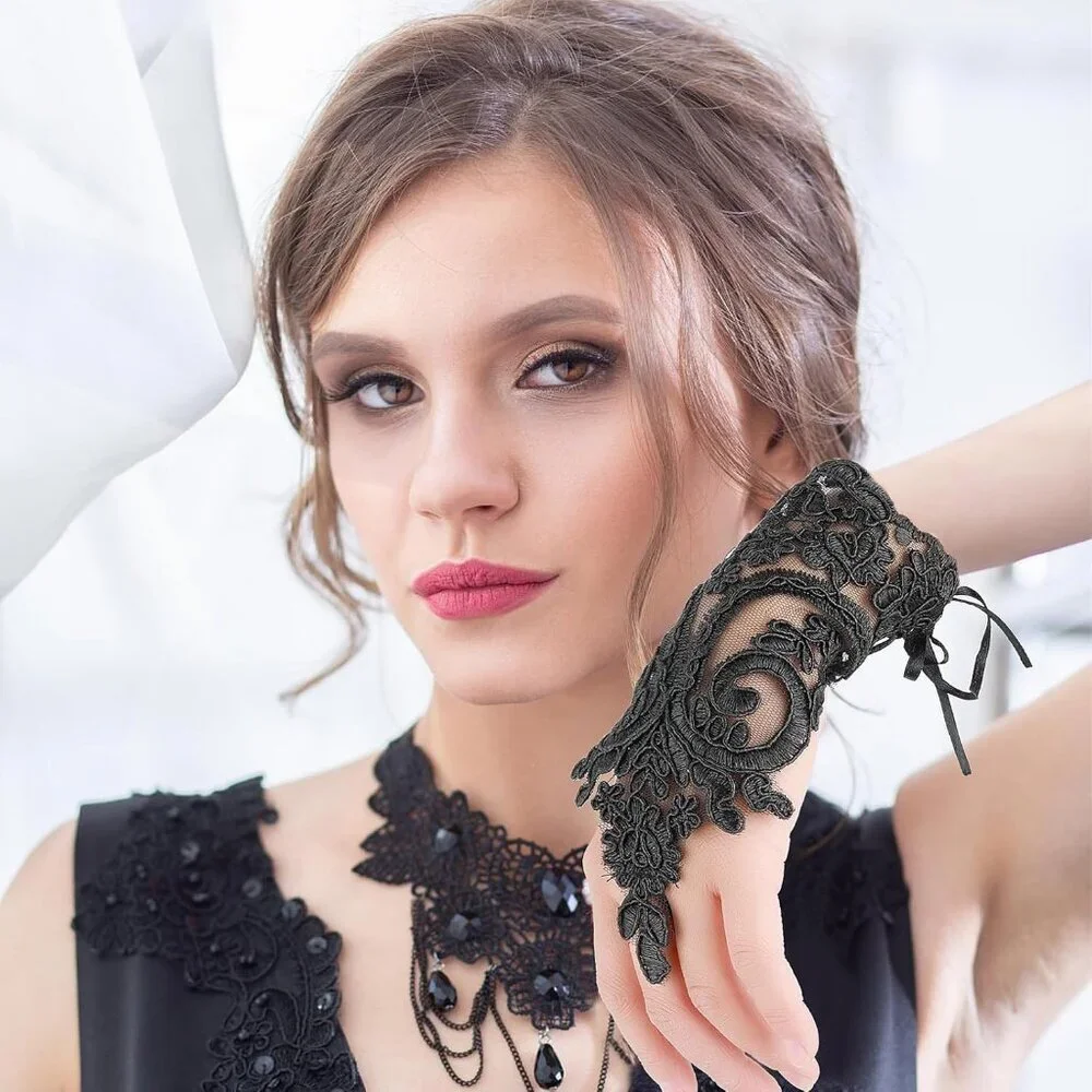 Women's Embroidered Evening Black Short Lace Gloves Halloween Party Prom